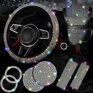 NBTEPEM 8 pcs Bling Car Accessories Set for Women, Steering Wheel Cover, Sparkly Seat Belt Covers, Bling Gear Shift Cover, Universal Fit Most Cars (Multicolor Diamond)
