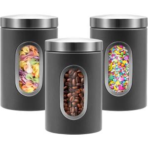 Canisters Sets for the Kitchen, 3pcs Sugar Flour Tea Coffee Storage Jars Stainless Steel Food Container Organizer for Kitchen Counter with Transparent Window (grey)