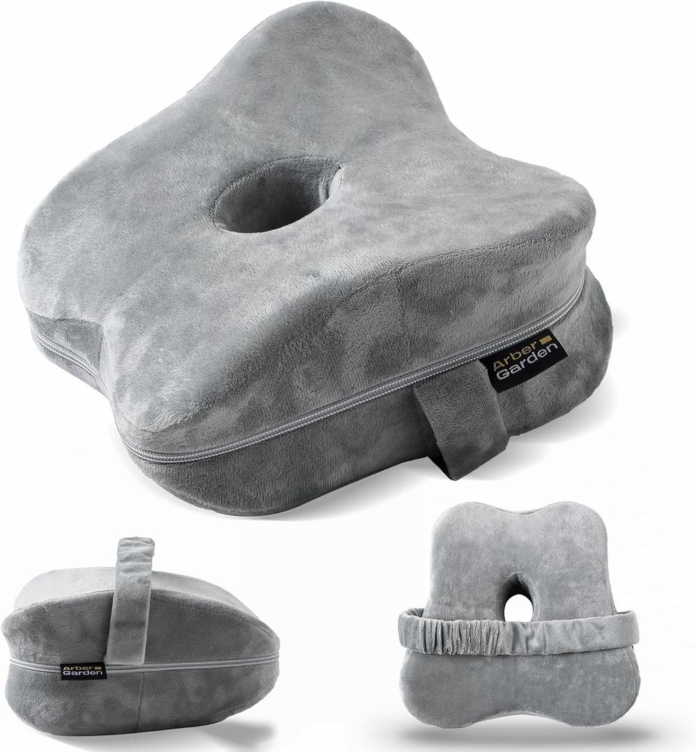 Knee Pillow for Side Sleepers with Soft Velvet Cover, Fixed Strap for Moving, Breathable Center Hole, Removable & Washable Memory Foam Leg Pillow for Hip, Back, Sciatica, Pregnancy & Joint Pain Relief (Grey)