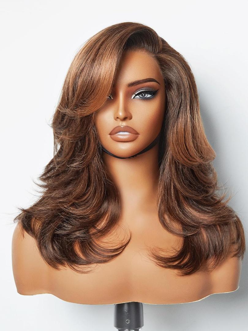 LUVME HAIR Ombre Brown Wavy Human Hair Bob Wig Layered Haircut Side Parted Wig Pre Cut Glueless HD Lace Clousre Short Wigs 12 Inch