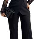 CHICME Women's 2 Piece Outfits Lace Spliced Long Sleeve Notched Collar Top and Casual Wide Leg Pants Set (Black, M)