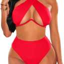 Jolefille Underwire Push Up Swimsuit for Women Two Piece Halter Neck Bikini Set High Waisted Tummy Control Bathing Suits Sexy, S