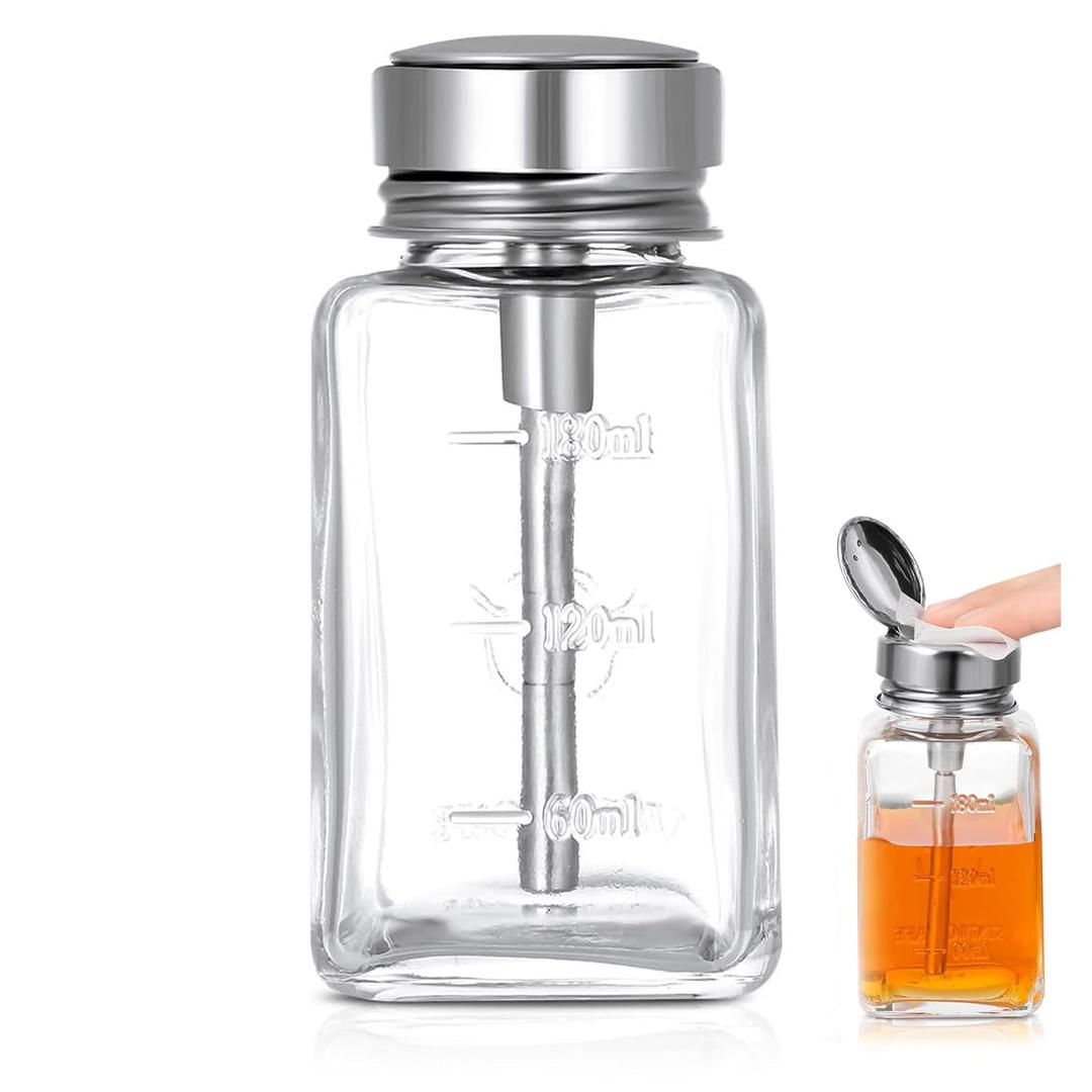 6oz/180ml Glass Push Down Pump Dispenser for Acetone, Nail Polish Remover & Essential Oils - Leak-Proof, Refillable, Durable - Ideal for Nail Salons, Labs or Home Use