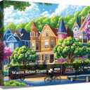 Colorful City Landscape Puzzles for Adults 1000 Pieces. Cozy Vintage Town in Spring Street Jigsaw Puzzles. Challenging Nature,Tree,Flower,Car,Art Puzzles