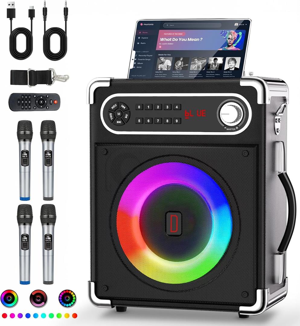 Karaoke Machine with 4 Wireless Microphones, Portable Bluetooth 5.1 Speaker for Adults Kids with LED Lights, Bass/Treble Adjustment, PA System with Remote Control, Supports FM/AUX/USB/TF for Party