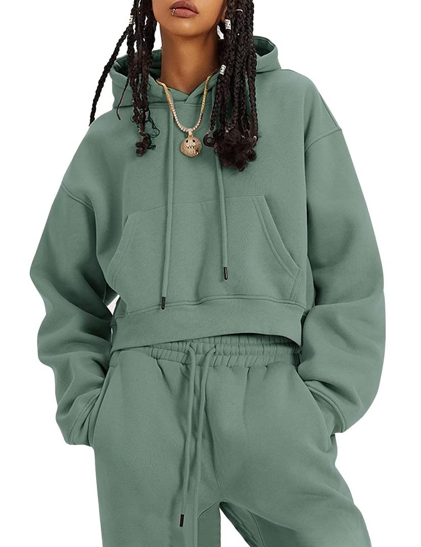 Flygo Womens Fleece 2 Piece Outfits Sweatsuit Crop Pullover Sweatshirt Joggers Pants Tracksuit Set (S)