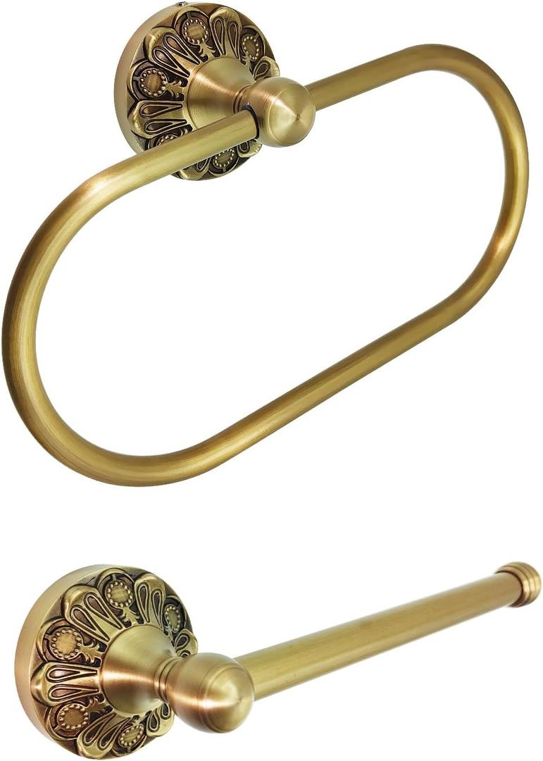 Antique Brass Toilet Paper Holder, Brass Towel Ring, Antique Brass Bathroom Accessories, Hand Towel Holder for Bathroom, Wall Mounted Vintage Bathroom Accessories, 2 Pieces Set