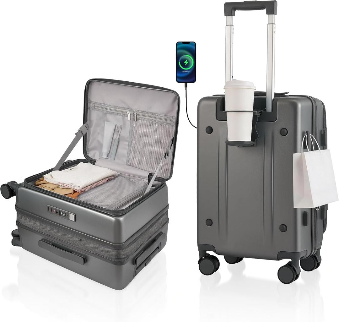 Expandable 20Inch Carry On Luggage Airline Approved - Top Opening Hardside Travel Suitcase Unbreakable -with Cup Holder,USB Charge,Side Pothook, 360Spinner Wheels, TSA Lock-Grey