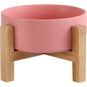 Elevated Ceramic Cat Bowl - Cat Food Bowl with Bamboo Stand - Raised Dog Dish for Puppies - Anti Vomiting, Stress Free - 13.5 oz / 400 ml - Pink