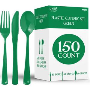 150 Pack Plastic Silverware Heavy Duty, Green Disposable Cutlery, 50 Spoons, 50 Forks, 50 Knives, Plastic Utensils Set for Home Office School Party Picnics Weddings & More - SparkSettings