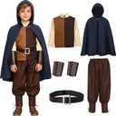 Latocos 6pcs Kids Medieval Costume Boys Renaissance Shirt Costume Hooded Pants Belt Wrist Guards Knight Outfit Halloween Set (140)