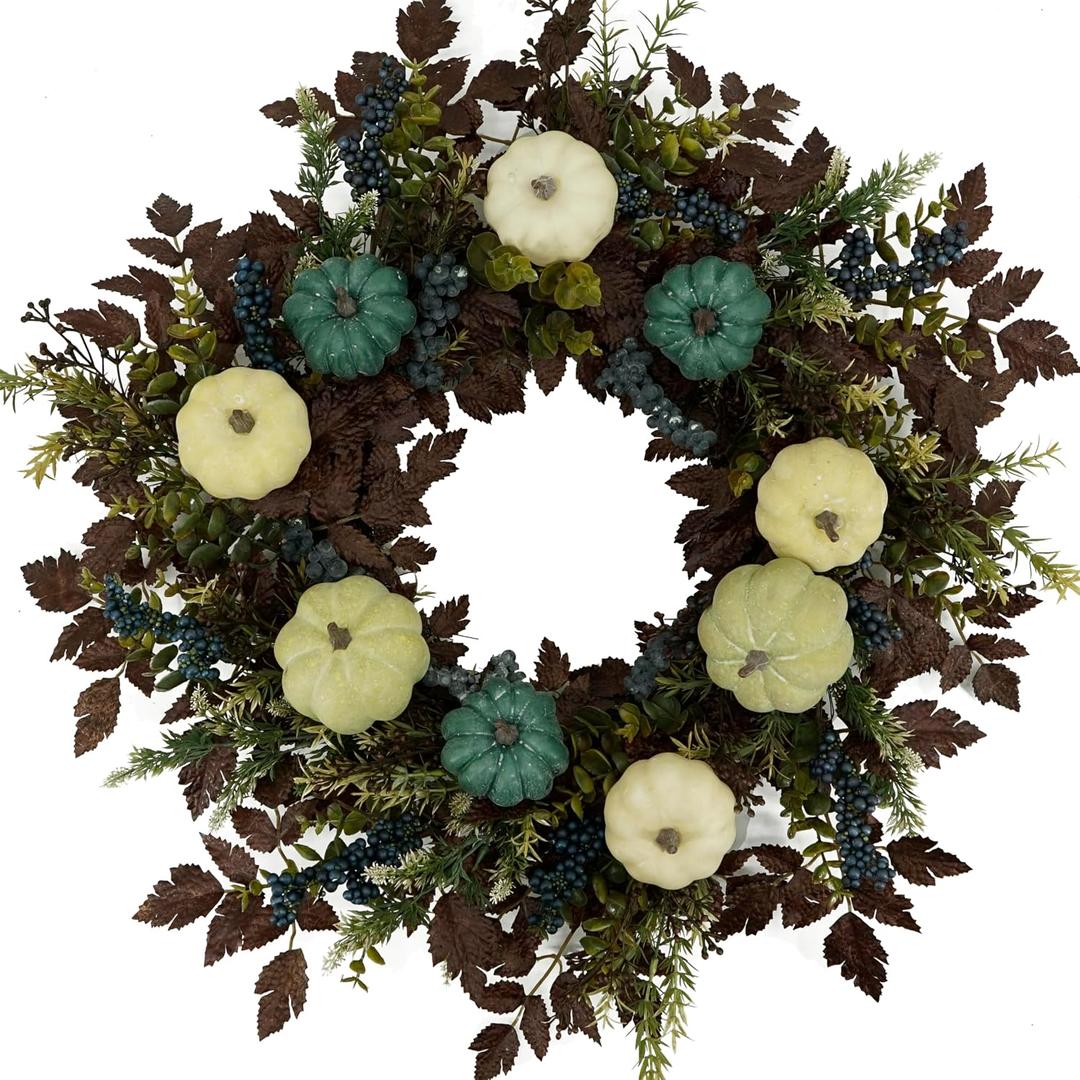 AMF0RESJ Fall Wreaths for Front Door 24" Thanksgiving Autumn Wreath with Pumpkins,Cimicifuga Plant Leaves,Berry for Front Door Indoor Outdoor Farmhouse Home Porch Window Festival Wedding Decoration