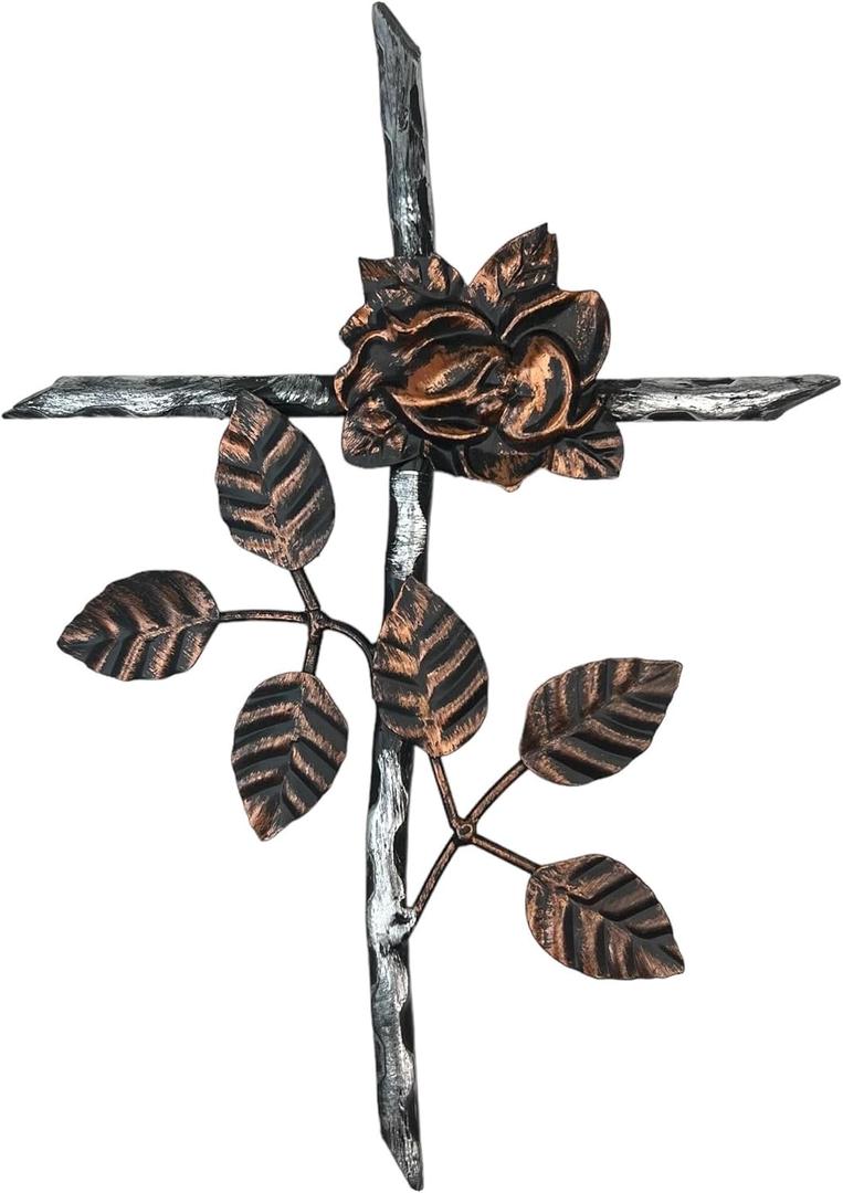Decorative Rose Wall Cross  Welded Wrought Iron and Stamped Metal with Rustic Copper and Silver Finish  Spiritual Floral Jesus Art Sculpture