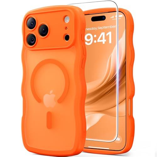 3 in 1 Magnetic for iPhone 17 Pro Case, 1X Screen Protector+1X Wrist Strap, Cute Wavy[Full Camera Protection] [Fit for MagSafe], Trendy Matte Women Girly Case for iPhone 17 Pro 6.3", Cosmic Orange