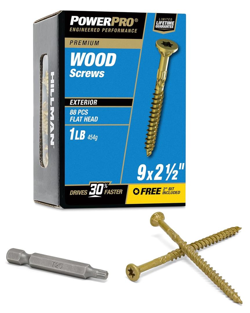 Power Pro Premium Exterior Wood Screws, #9 x 2-1/2"Inch All-Purpose Deck Screws for Outdoor Projects, T-25 Star Bit Included, Bronze, 100 Pieces | 48599