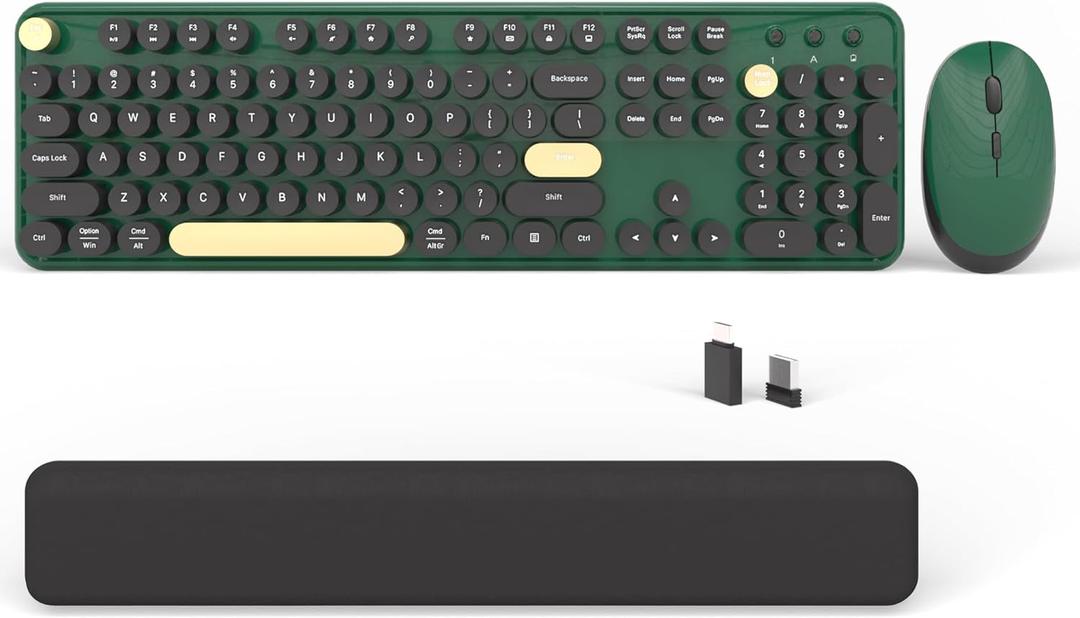 Colorful Wireless Computer Keyboards Mouse Combos, Cute Retro Typewriter Keyboard with Round Keycaps, 2.4 GHz 104 Keys Full-Sized USB/Type C Receiver Keyboard and Optical MouseDark Green