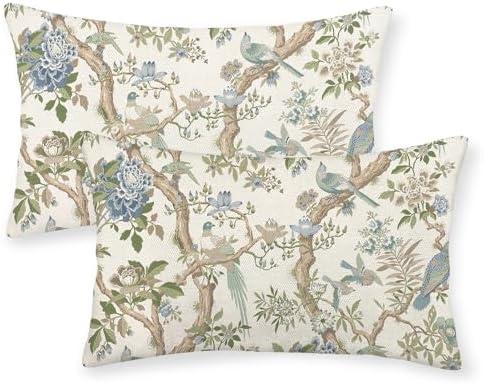 Blue Green Floral Bird Pillow Covers 12x20 Set of 2 Chinoiserie Throw Pillows Green Vintage Flowers Bird Decorative Pillow Cases Outdoor Farmhouse Lumbar Decor Cushion Case for Couch Sofa