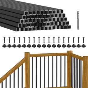 BLIKA 60 Pack 26" Square Aluminum Deck Balusters, 3/4" Black Aluminum Deck Spindles with Anti-UV Black Baluster Connectors, Hollow Aluminum Balusters for Wood and Composite Deck Porch Railing System (Square-26")