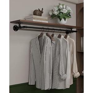 TEDIDUWA Clothes Rack 48in, Wall Mounted Garment Rack with Solid Walnut Wood Shelf, Heavy Duty Hanging Clothes Rack, Multi-Purpose Hanging Rod, Space-Saving Closet Storage