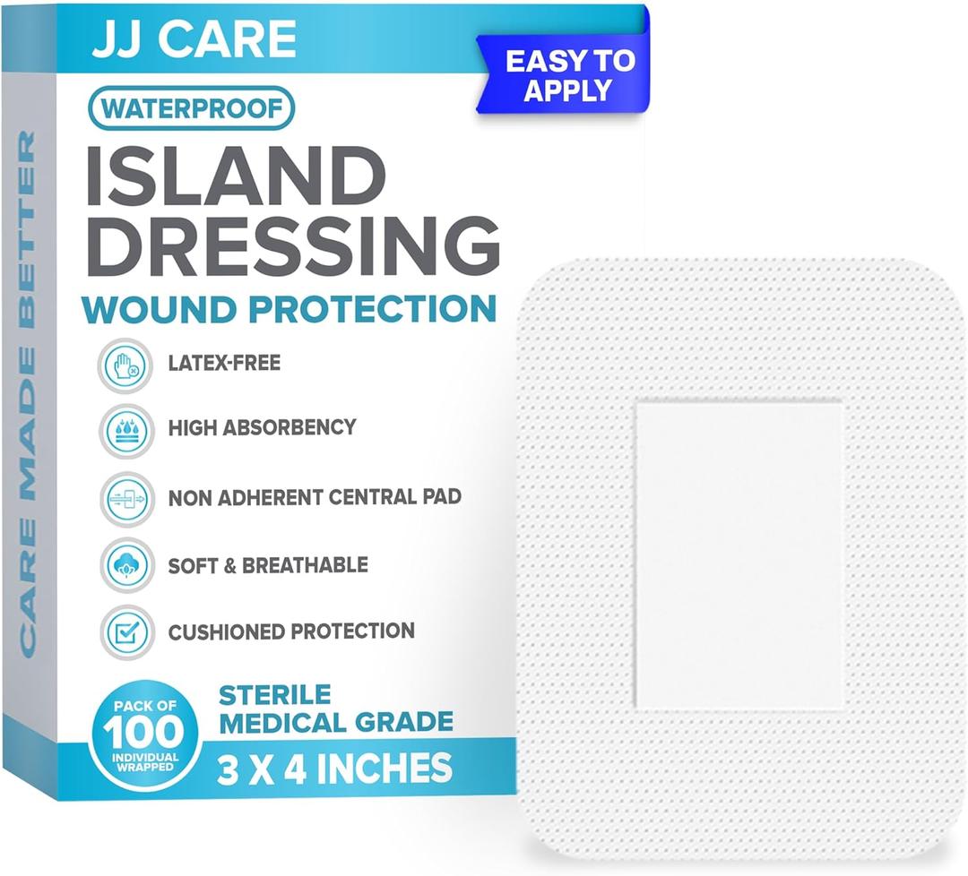 JJ CARE Waterproof Adhesive Island Dressing [Pack of 100], 3" x 4" Sterile Bordered Gauze, Breathable Island Wound Dressing, Individually Wrapped Adhesive Gauze Bandages with Non-Stick Central Pad