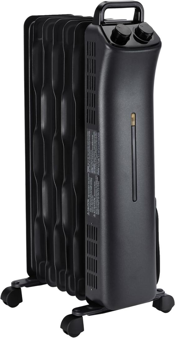 Amazon Basics Portable Oil Space Heater with 7 Oil-Filled Fins, 3 Heat Settings, Adjustable Thermostat, Tip-Over and Overheat Protection, ETL Safety Certificate, 1500W, Black