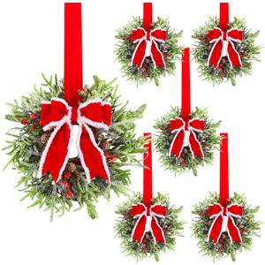 Hausse 6 Pcs Christmas Wreath, 12" Christmas Mini Wreaths for Cabinets with Red Bows, Artificial Small Xmas Wreaths Hanging Decoration Garlands for Kitchen Window Farmhouse Chair Wall Front Door