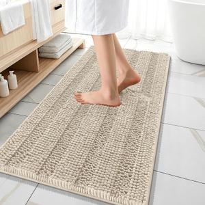 OLANLY Thick Bathroom Runner Rugs 47x20, Extra Absorbent Chenille Striped Bath Rugs, Rubber Backing, Machine Wash Dry, Long Bath Mats for Bathroom Floor, Tub and Shower, Home Decor Accessories, Sand