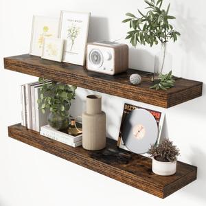 Heimlove 48 Inch Floating Shelves for Wall 8 Inch Deep Rustic Brown Shelves Set of 2,Wall Mounted Rustic Wood Long Floating ShelfLarge Display & Storage Shelf with Invisible Brackets
