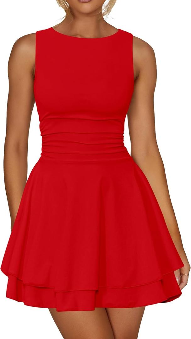 Kaximil Women's Ruffle Hem Boat Neck Mini Dress Sleeveless Ruched Corset Short Party Dresses (Large, Red)