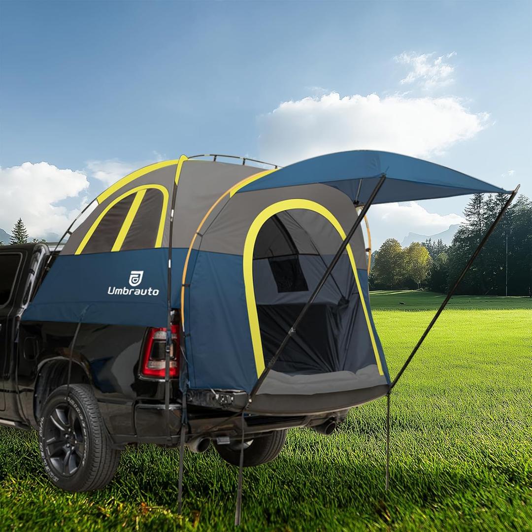 Truck Bed Tent with Awning 5.5' ~ 5.8' Easy Set Up Umburato Pickup Truck Tents for Camping, Waterproof, for 2-3 Person, Chevy, Dodge, Ford, GMC, Navy Blue & Lime