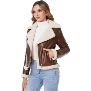 DIASHINY Women's Faux Shearing Fur Winter Coat Warm Thick Fur Lined Faux Leather Jacket (039 Brown) S