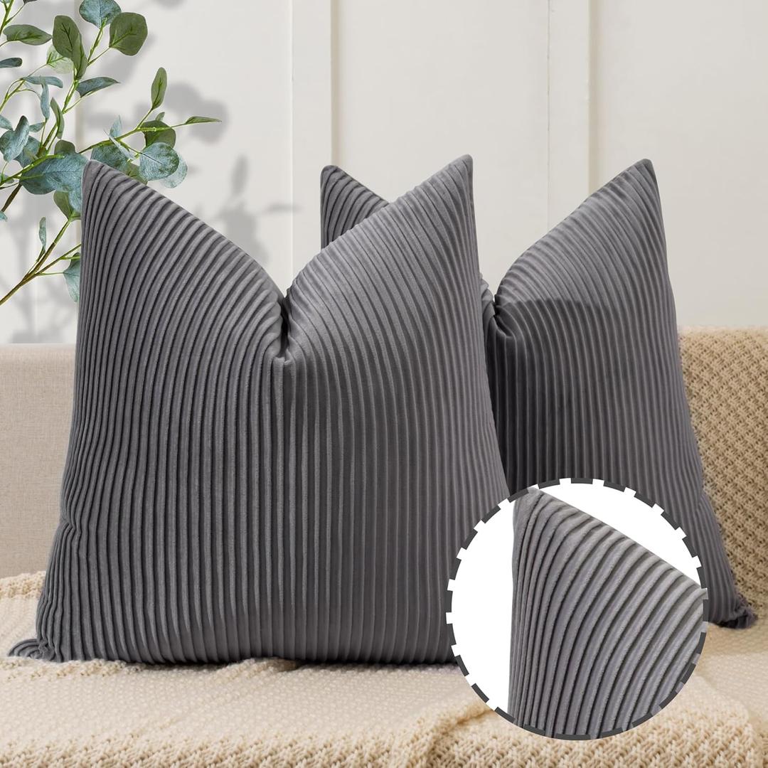 YCOLL Gray Pillow Covers 24x24 Set of 2 Velvet Striped Pattern - Soft Throw Pillows for Home Decor, Luxury Decorative Pillow Covers for Couch, Bed,Living Room