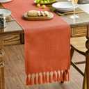 Artoid Mode Terracotta Orange Tassel Table Runner, Fall Linen Blend Rustic Farmhouse Style Kitchen Table Decoration Holiday Wedding Party Dinning Decor 13x90 Inch