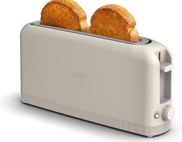 bella 2 Slice Slim Toaster, Fitsanywhere™ Kitchenware, 6 Setting Shade Control with Reheat & Cancel Buttons, Fits sourdough, 10” Long Slot, Anti Jam & Auto Shutoff, 900 Watt, Oatmilk