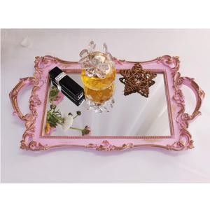 Small Rectangle Decorative Mirror Tray, French Style, Makeup Organizer, Jewelry Organizer, Serving Tray, 13"x 7.8", Golden Pink