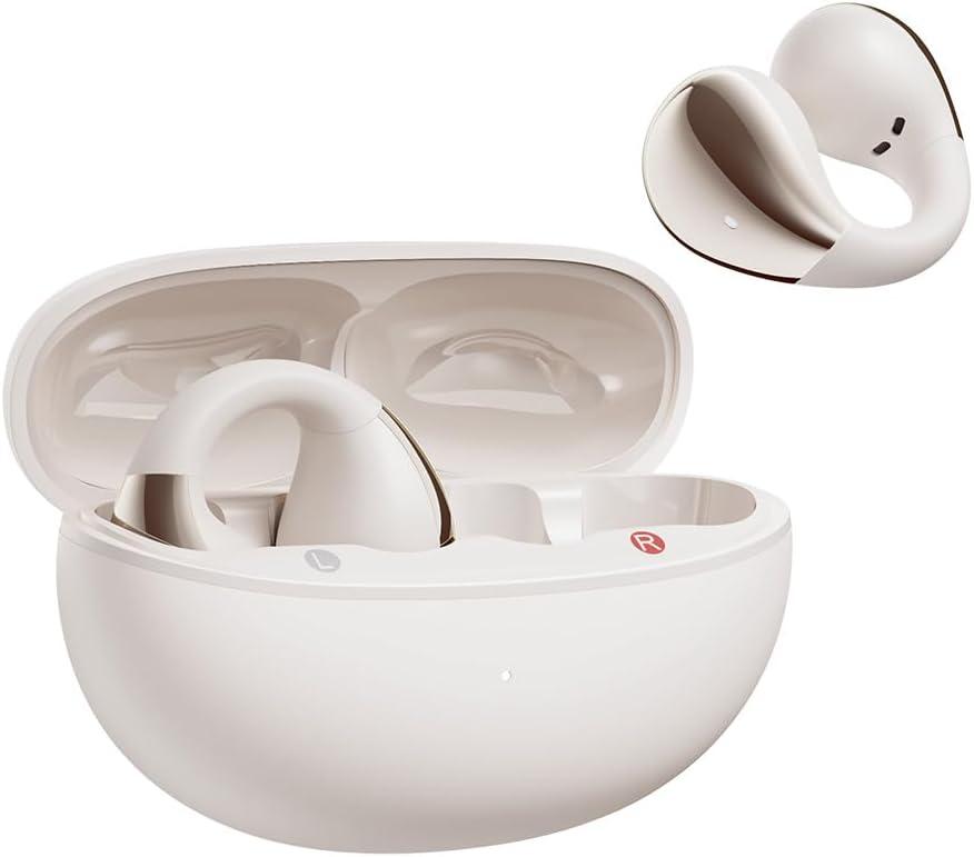 QCY Crossky C30 Open Ear Headphones Wireless Bluetooth, Clip-On Earbuds with 4 ENC Noise Cancelling Mic, Stable Fit, Dual Connection, EQ Customized, Sports Earphones for Workout/Running (White)