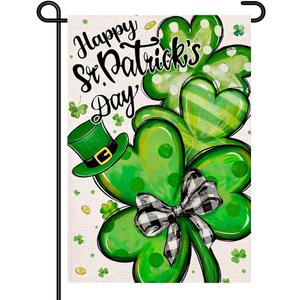 2 x Happy St Patricks Day Garden Flag 12x18 Small Outdoor Sign  Shamrock & Leprechaun Hat Lucky Clover Decor, Buffalo Plaid Bow Double Sided Burlap Yard Flag for St Pattys Day DF1038