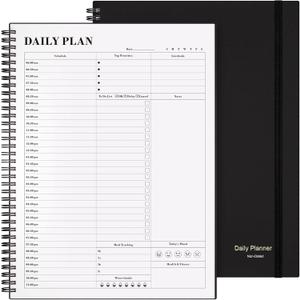 Planner Undated, Asten Daily Planner Agenda with To Do List, Hourly Schedules for Women and Men, Spiral Appointment Book with Elastic Closure, Inner Pocket 8.5" x 11" (Black) (A4)