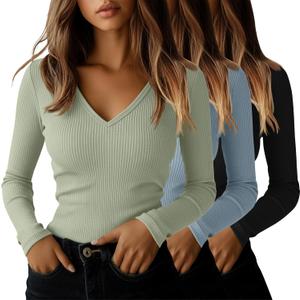 Ficerd 3 Pack Women's Long Sleeve T Shirts Cotton V Neck Slim Fit Tops Ribbed Knit Layering Casual Basic Tees Fall (Large, Black, Sky Blue, Lemon Green)