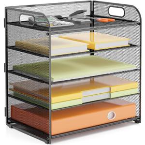 VIEERINN 5 Tier Paper Letter Tray Organizer with Handles, Mesh Desk File Organizer Metal Paper Sorter Holder, Desktop Document Shelf Tray Storage Organization for Office School Home, Black 