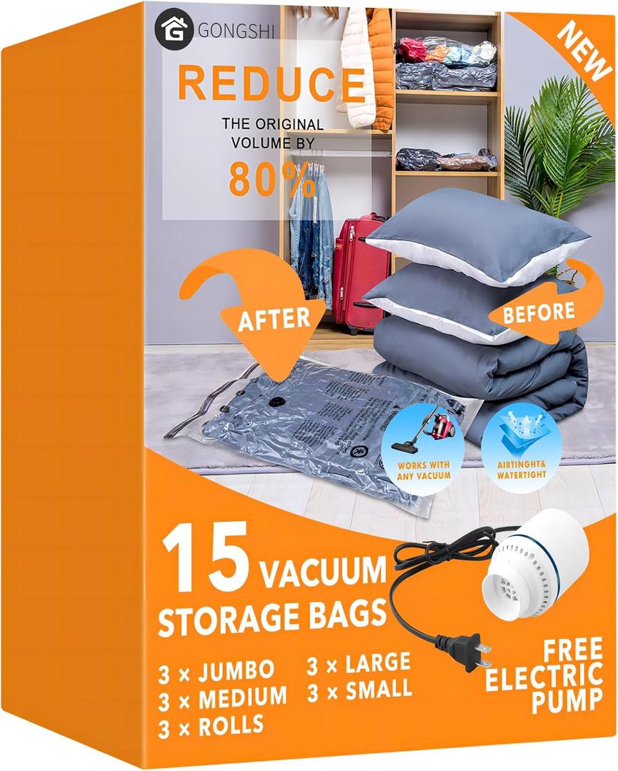 15 Pack Vacuum Storage Bags with Electric Pump (3 Jumbo, 3 Large, 3 Medium, 3 Small, 3 Roll Up), Plastic Packaging Bags, Space Saver Sealer Bag for Blankets, Comforters, Pillows, Clothes Storage