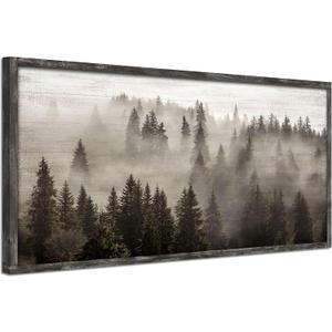 Foggy Forest Wooden Wall Art: Landscape Mountain Artwork Prints with Wooden Framed for Living Room (40W x 20H, Multi-Sized)