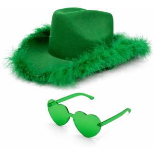 4E's Novelty Cowboy Hat with feathers With Heart Shaped Sunglasses for Women, Felt Cowgirl Hat for Party Costume Dress Up (Green)