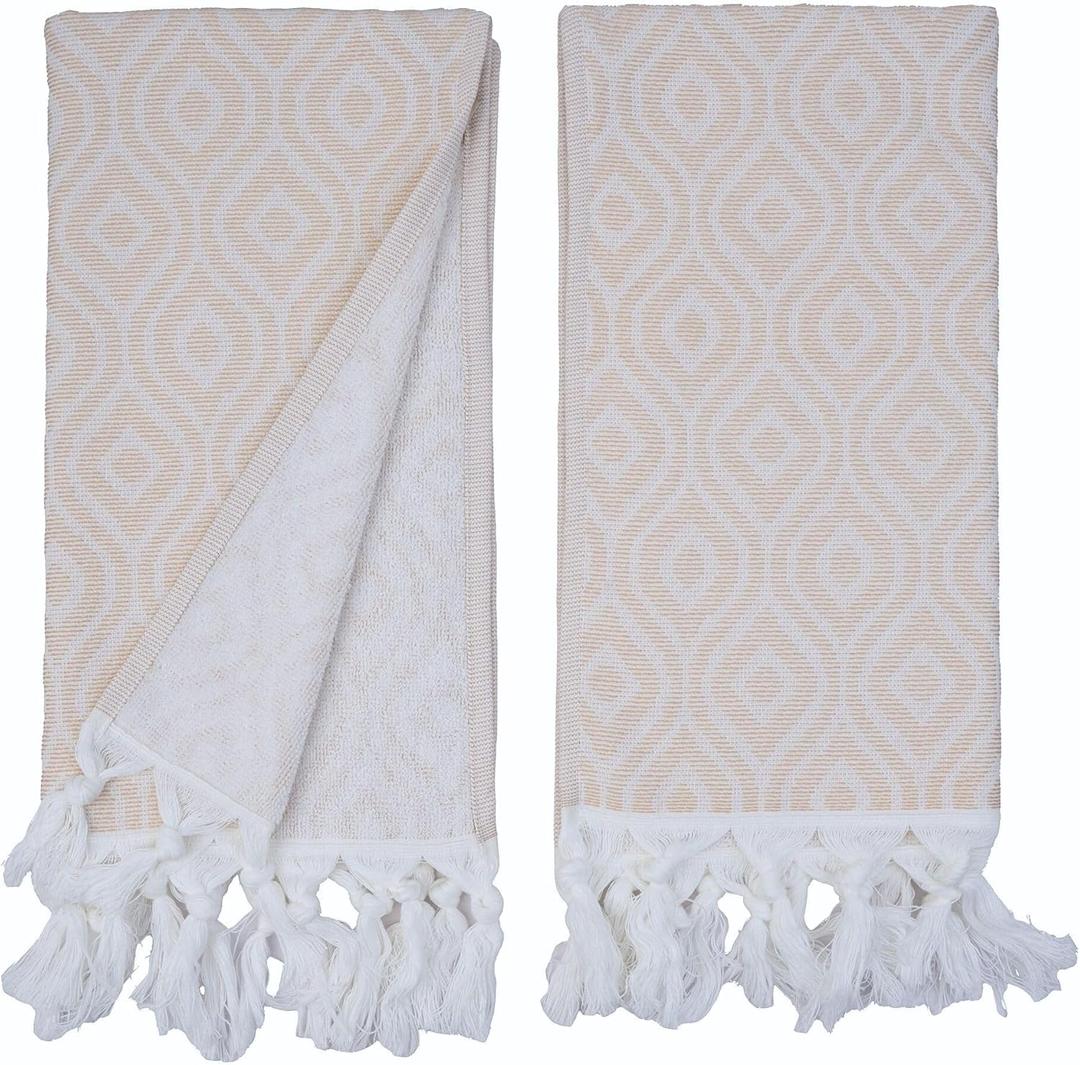 Tabea Turkish Cotton Hand Towels Set of 2  Decorative Kitchen & Bathroom Towels with Woven Front and Terry Backing (Bohemian Rhythm Beige)
