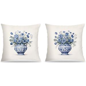 Chinoiserie Floral Pillow Covers 18x18 Set of 2, Chinoiserie Decor, Blue and White Porcelain Grandmillennial Flower Decorative Throw Pillow Covers for Home Bedroom Living Room