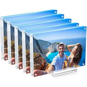 5 Pack 5x7 Acrylic Picture Frame with Magnetic, Frameless Double Sided Clear Frame with Base, Floating Lucite Transparent Photo Frame for Tabletop Display with Exquisite Package