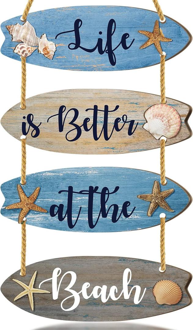 Wooden Surfboard Beach Decor Sign Beach Bathroom Decor Sign Summer Blue Nautical Coastal Wall Art with Seashells Starfish Rope Hanger Ocean Theme Hanging Ornament for Living Room Bedroom