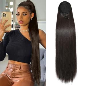 SEIKEA Ponytail Extensions Drawstring Long Straight Fake Pony Tail Natural Soft Clip in Hair Extension Synthetic Heat Resistant Hairpiece 35 Inch 180 Gram Black Brown
