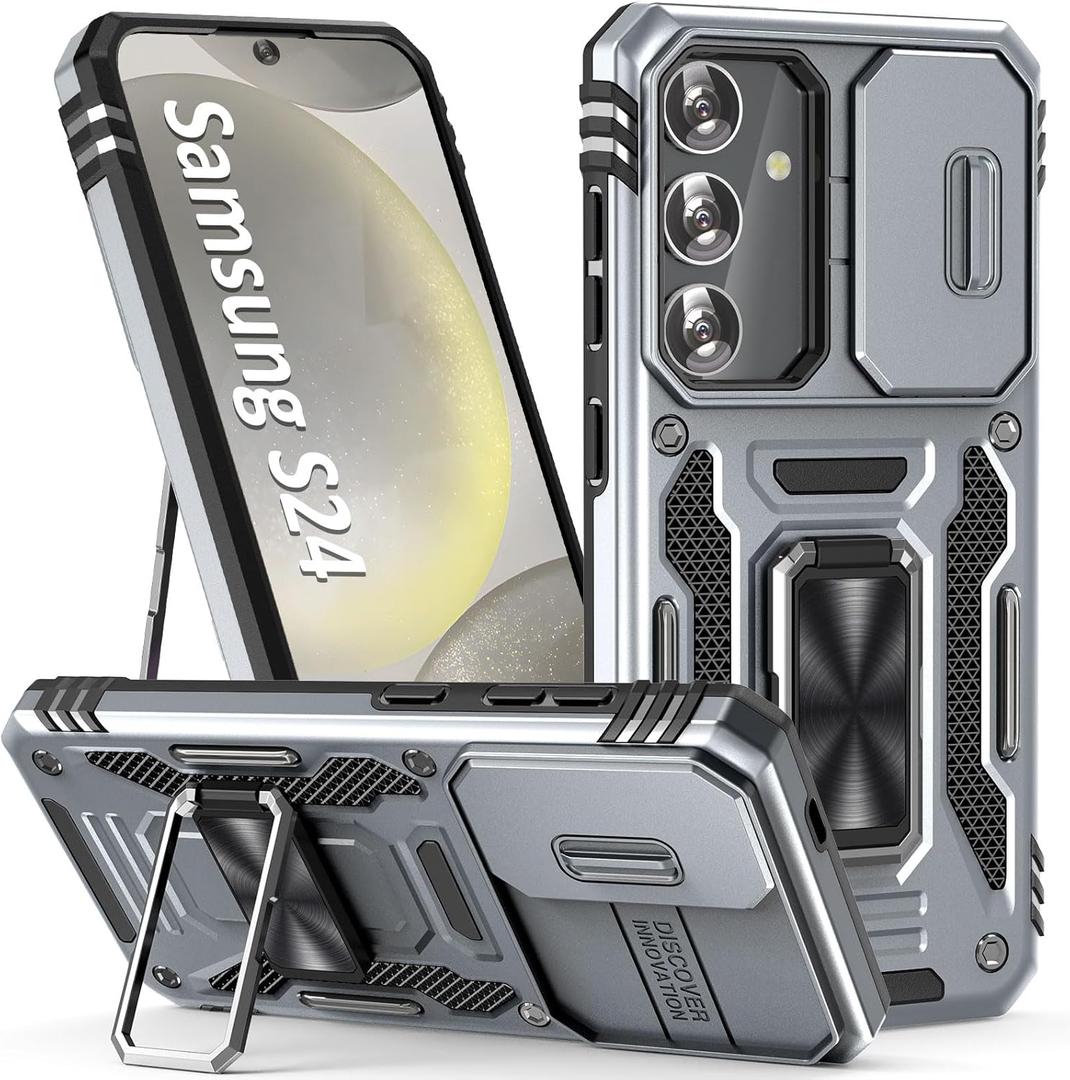 Phone Case for Samsung Galaxy S24 Case with Kickstand Ring Holder, with Camera Cover, with Magnetic Car Mount Function, for Samsung Galaxy S 24 (Grey)