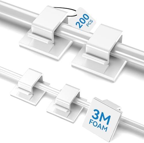 200 PCS Cable Clips White (Small & Large), Adhesive Wall Wire Holder for Cord Organizer Cable Management Under Desk, Outdoor Light Clips Hooks for LED, Car Dash Cam, HDMI, Extension Cord